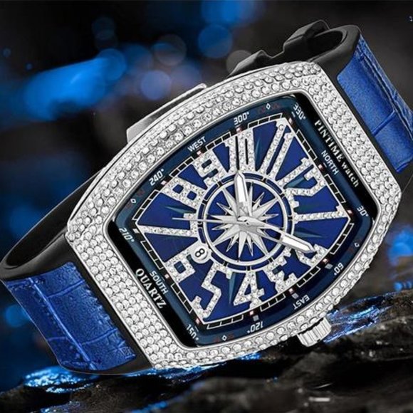 Mens Blue/Silver Fully Iced Out Watch